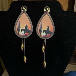 Western Sunset Earrings Silhouette of Horse & Rider  Big Statement Pierced New